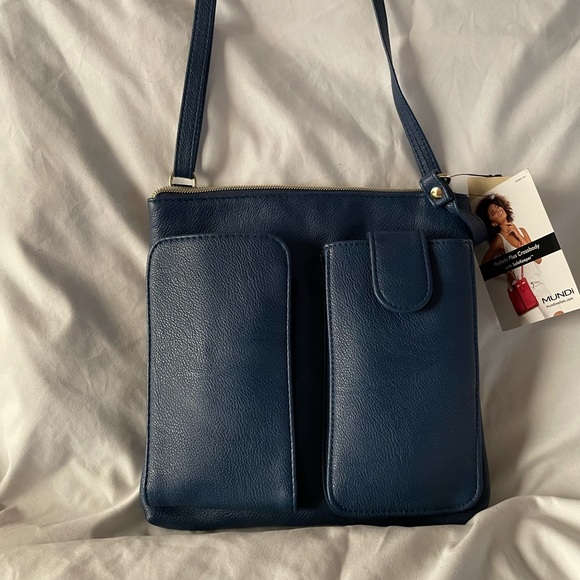 Mundi Pockets Plus Crossbody Bag with SafeKeeper in Navy Blue Vegan Leather - Picture 2 of 13